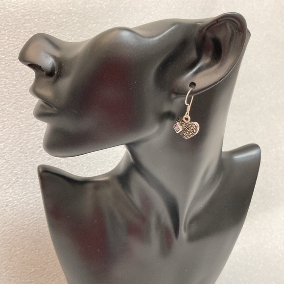 NWOT - Sterling Silver Marcasite Heart & Amethyst Gem Drop French Hook Earrings* - Picture 2 of 8